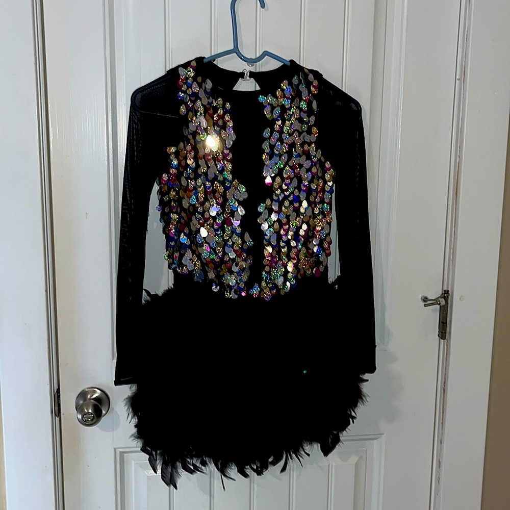 Black Dance costume with half feathered skirt adult medium.  EUC!